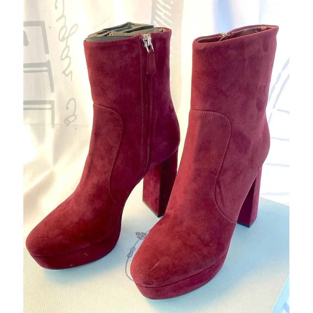 PRADA Milano 1TP221 Womens Burgundy Suede High heel‎ Ankle Boots Shoes, 35.5